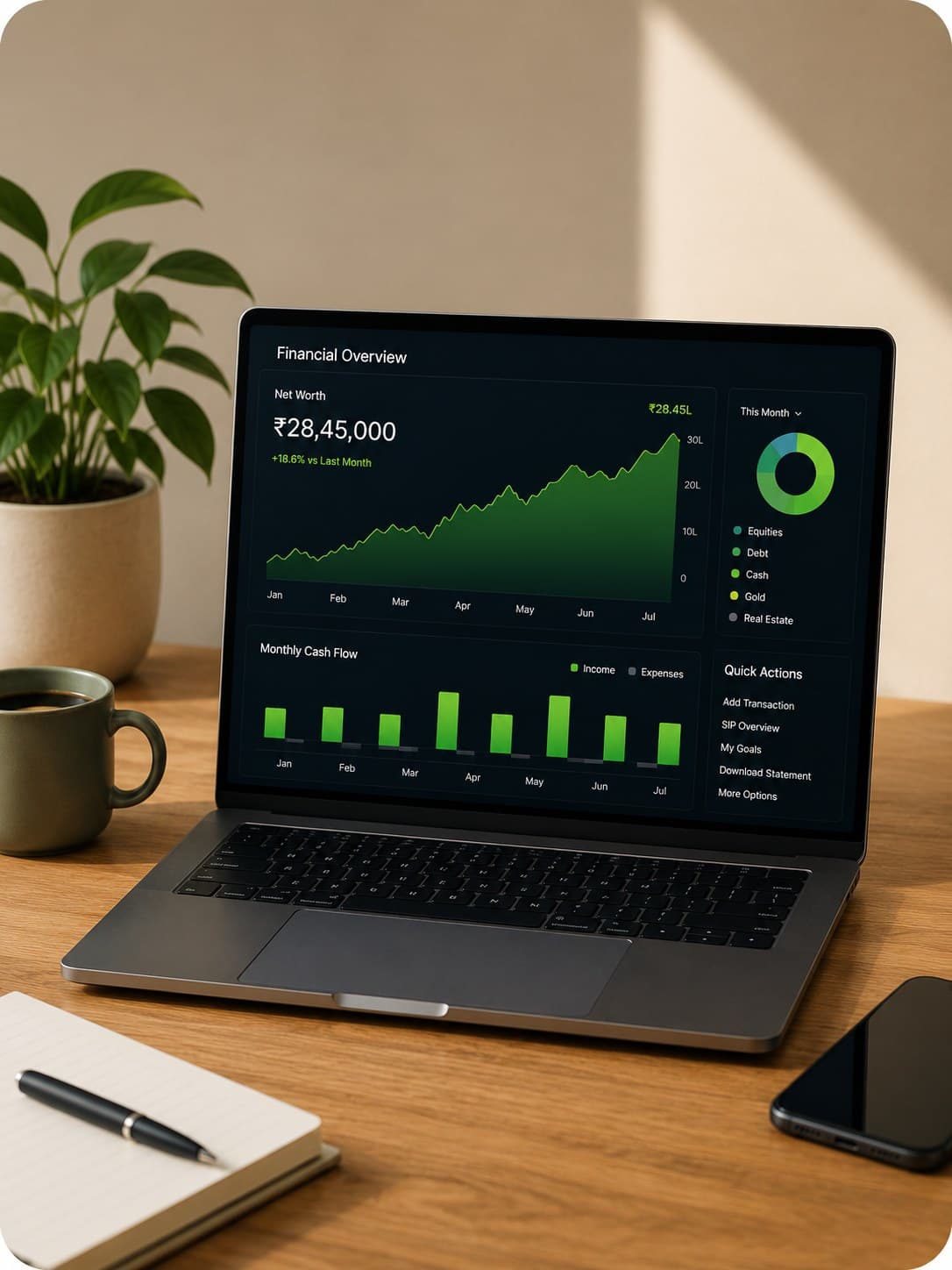 Laptop on a wooden desk showing a dark financial overview dashboard with net worth, a rising wealth chart, asset allocation and monthly cash flow, beside a plant, coffee, a notebook and a phone