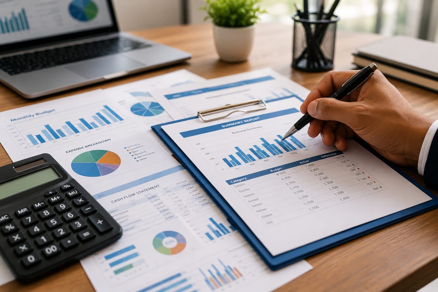 Financial planning reports, budgets and charts being reviewed at a desk
