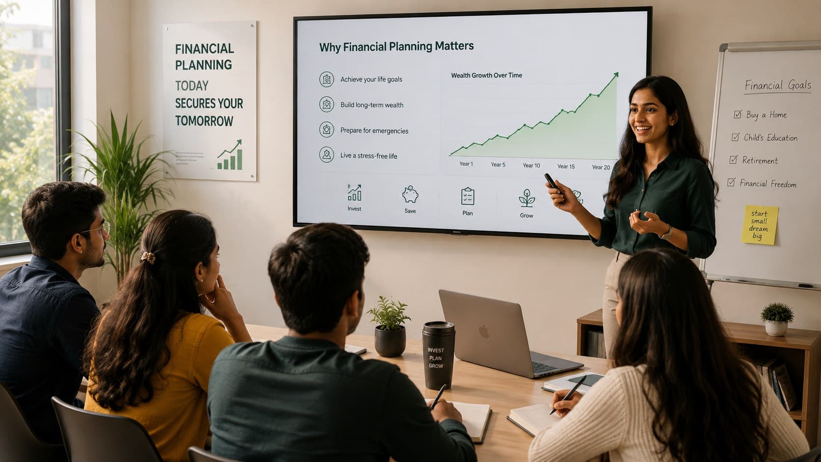 Financial educator presenting a "Why Financial Planning Matters" slide with a wealth growth chart to an engaged group of young attendees in a bright meeting room